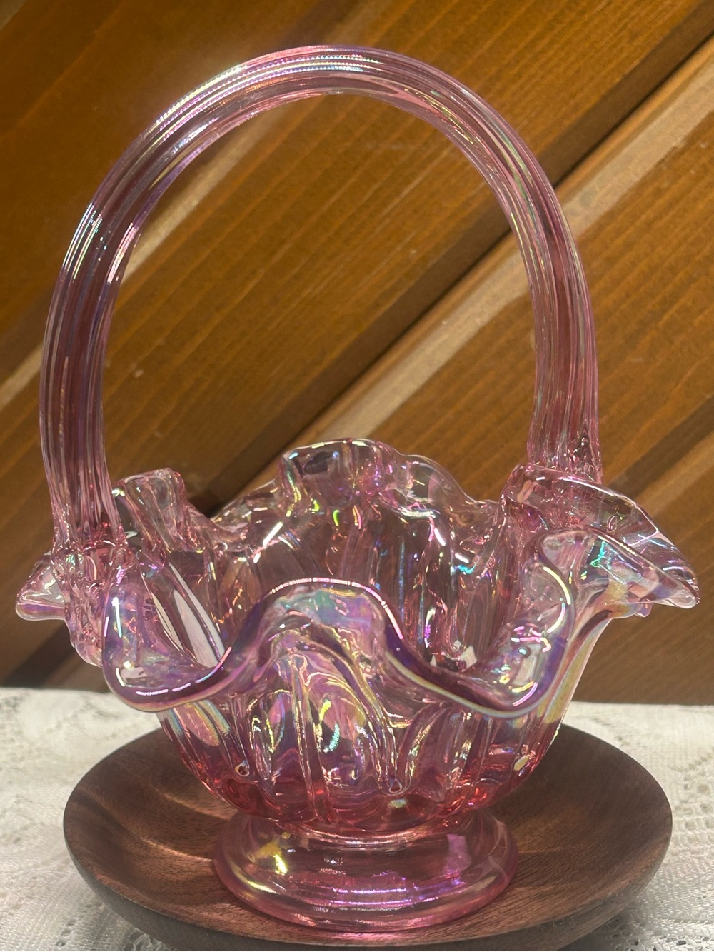Vintage Fenton “Lambs Tongue Paneled” Pink Iridescent Carnival Glass Basket